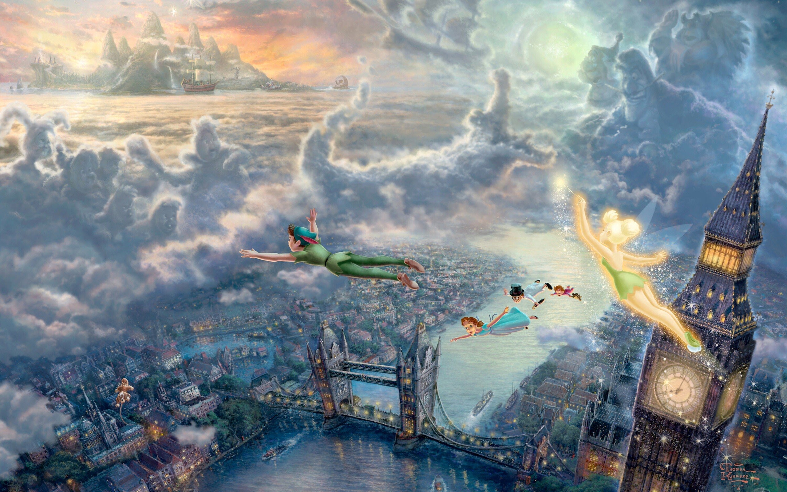 clouds_Disney_Company_movies_flying_architecture_pirates_London_Big_Ben_Tinkerbell_Tower_Bridge_Peter_Pan_Thomas_Kinkade_fairy_tales_captain